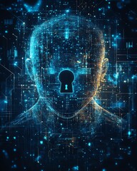 Fototapete - A cyber defense concept background, featuring a digital padlock, secure data transmission, and abstract technology patterns, focused on IT security