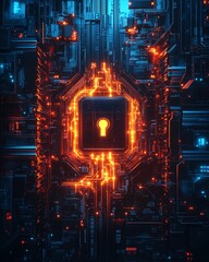 Leinwandbilder - A futuristic IT security concept background, featuring a digital lock, circuit patterns, and glowing data streams in a dark, techinspired setting