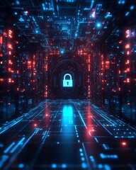 Leinwandbilder - A futuristic IT security concept background, featuring a digital lock, circuit patterns, and glowing data streams in a dark, techinspired setting