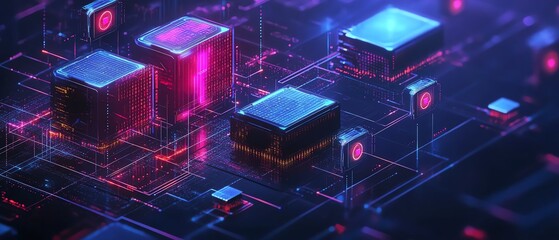 Fototapete - A sleek IT security design with digital shield icons, interconnected networks, and encrypted data, symbolizing the protection of sensitive information