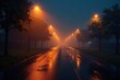 © Saksakon - The glow of streetlights illuminating a foggy night scene, ambiance, misty
