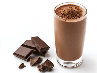 Chocolate Indulgence: Rich, decadent chocolate milkshake in a tall glass, garnished with cocoa powder, alongside chunks of dark chocolate