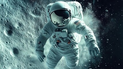 Wall Mural - astronaut jumping in low gravity near the moon hyper realistic in the background generative ai
