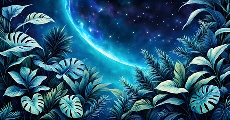 Collection of tropical leaves, foliage plant in blue color with space background