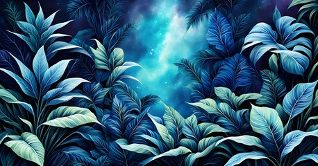 Collection of tropical leaves, foliage plant in blue color with space background