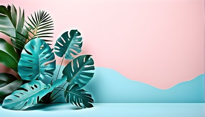 Collection of tropical leaves, foliage plant in blue color with space background