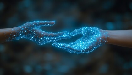 Aufkleber - A dynamic image of two hands with fingertips almost touching, symbolizing the merging of human intelligence and artificial intelligence in a business setting
