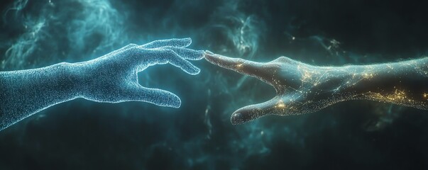 Aufkleber - A hightech business concept showing two hands almost touching, symbolizing the synergy between artificial intelligence and human interaction