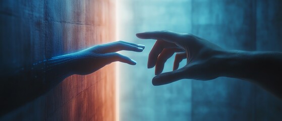 Fototapete - A modern, sleek image of two hands about to touch, representing the futuristic fusion of artificial intelligence and human technology in business