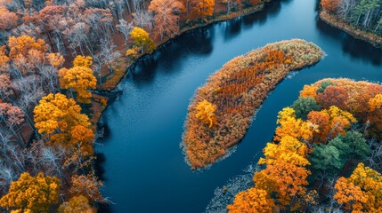 Wall Mural - Aerial view of a serene river winding through vibrant autumn foliage with orange and yellow trees, Ideal for nature-themed projects, travel blogs, or seasonal marketing materials,