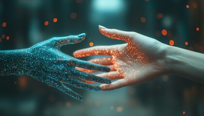 Aufkleber - Closeup of two hands almost touching, representing the convergence of artificial intelligence and human innovation in a modern, futuristic business concept