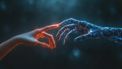 Fototapete - Closeup of two hands almost touching, representing the convergence of artificial intelligence and human innovation in a modern, futuristic business concept
