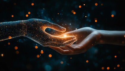 Fototapete - Closeup of two hands almost touching, representing the convergence of artificial intelligence and human innovation in a modern, futuristic business concept