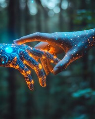 Aufkleber - Closeup of two hands, one human and one AIassisted, almost touching, representing the future of business technology and collaboration