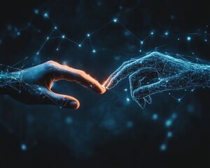 Aufkleber - Futuristic business concept with two hands reaching towards each other, symbolizing the interaction between artificial intelligence and human collaboration