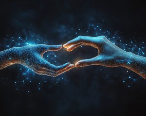 Aufkleber - Futuristic business concept with two hands reaching towards each other, symbolizing the interaction between artificial intelligence and human collaboration