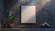 © tao - Framed model, empty white canvas on dark grey walls, illuminated by soft lamps, minimalist aesthetic with small plants and decorative sculptures in the background, perfect for text or artwork displays