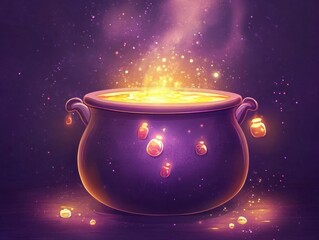 Wall Mural - a pot of gold is shown with a purple background. the pot is filled with glowing orbs and the image h