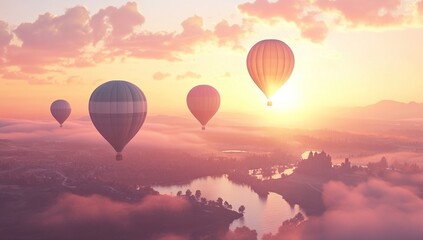  Hot Air Balloons Soaring Above Misty River Valley at Sunrise, a Breathtaking Aerial View
