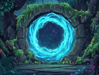 Wall Mural - a blue and green tunnel with a green plant growing out of it. the tunnel is surrounded by rocks and 