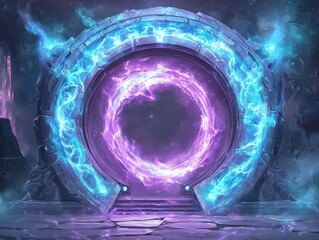 Wall Mural - a purple and blue portal with a blue and purple glow. the portal is surrounded by a stone wall