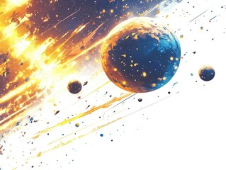Wall Mural - A painting of a space scene with a large planet and three smaller planets. The painting is in a bright yellow and orange color scheme, giving it a fiery and energetic feel