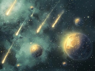 Wall Mural - A painting of a space scene with a comet shooting through the sky. The painting is full of stars and planets, and the comet is the main focus. The painting has a dreamy, otherworldly feel to it