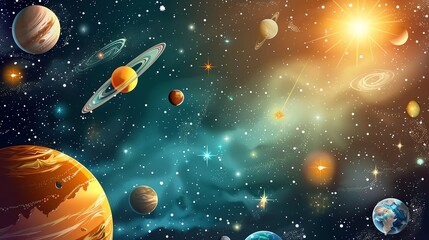Wall Mural - a colorful illustration of planets and stars in a galaxy.