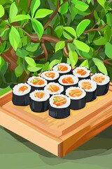 Canvas Print - A visually appealing platter of sushi rolls with fresh ingredients, set against a backdrop of lush greenery.