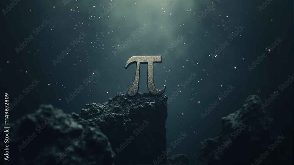 Pi symbol standing on rocks in a dark space with floating particles ...