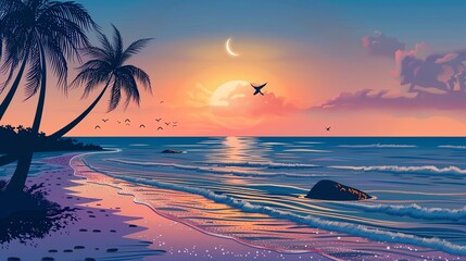 Wall Mural - A cartoon illustration of a tropical beach scene with palm trees and a sunset.