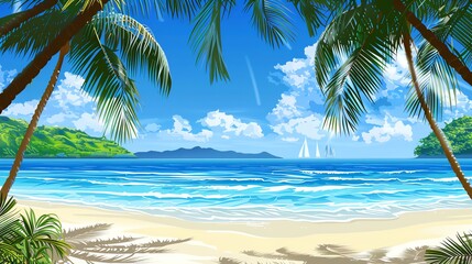 Wall Mural - A tropical beach scene with palm trees.