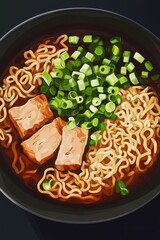 Wall Mural - A delicious bowl of ramen featuring soft noodles, tender pork slices, and a sprinkle of fresh green onions.