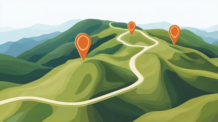 A scenic view of rolling green hills with three orange location markers along a winding path.