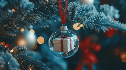 Wall Mural - Close-up of a glass Christmas ornament containing a small gift box hanging on a decorated tree.