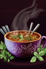 Sticker - A vibrant bowl of steaming vegetable soup garnished with fresh herbs, exuding warmth and comfort.