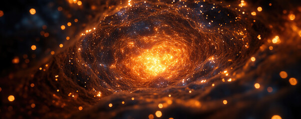 Wall Mural - a vibrant cosmic scene depicting an orange and yellow spiral galaxy with glowing stars and a dark, e