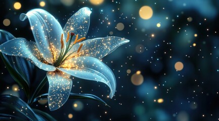glowing blue lily flower with sparkling dust at night.