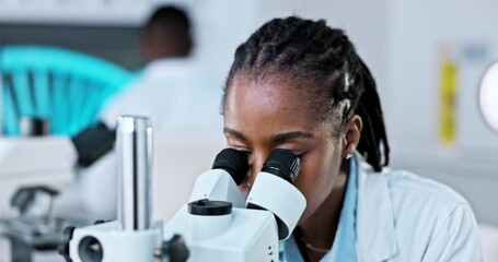 Aufkleber - Review, scientist and woman with microscope, lab and medical research for biotechnology and particle. Healthcare, test and professional with equipment for vaccine, molecule and analysis for medicine