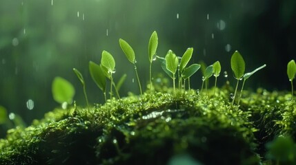 Wall Mural - Lush green moss with seedlings sprouting, rain falling.