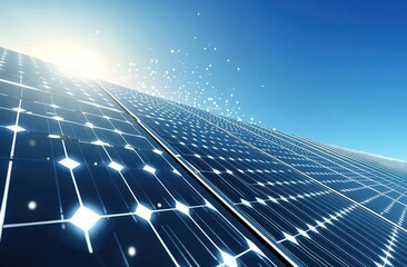  A solar panel is shown against the blue sky, with sunlight shining on it