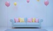 © AndiAzis - Pastel Balloons Float Above a Light Blue Sofa with Pillows, Creating a Calm and Serene Atmosphere in a Minimalist Room.