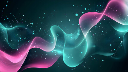 A dynamic abstract background with flowing neon ribbons of pink and teal against a dark gradient, creating a sense of motion and energy