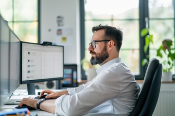 A man with glasses and a beard is working at a desk with two monitors, focused on his tasks in a bright, modern workspace.