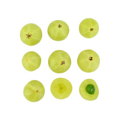 Wall Mural - Fresh amla (Indian gooseberry) fruits with cut in half levitate isolated on transparen png.