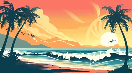 Poster - A vibrant and colorful illustration of a tropical beach scene with palm trees, a sunset, and waves crashing on the shore.