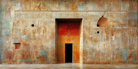 Wall Mural - Egypt style art, A textured wall features a stark black door, framed by rich earthy tones, evoking a sense of mystery and inviting exploration.