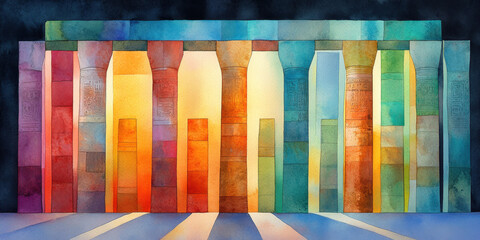 Wall Mural - Egypt style art, A vibrant abstract composition featuring colorful vertical shapes with a gradient effect, creating a sense of depth and light.