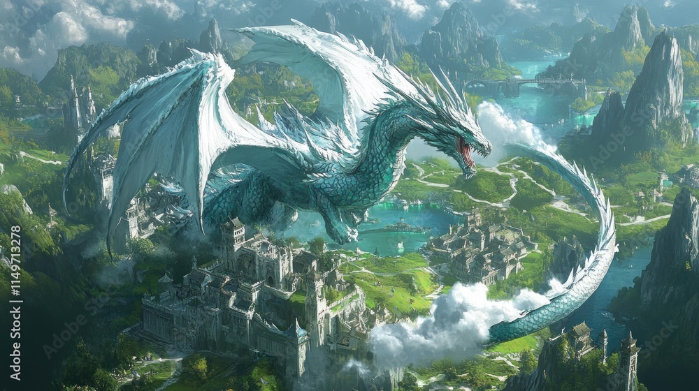 Majestic white dragon soaring over a fantasy kingdom, its powerful ...