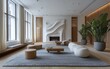 © AdibaZR - Modern minimalist living room with fireplace, large windows, and sculptural wall art.